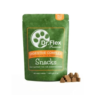 Imagen de Dr. Flex Probióticos en Snacks y Premios para Perros 60 Soft Chews con Calostro, Levadura de Cerveza Aceite Salmón Apoyo Digestivo Flora Intestinal Saludable