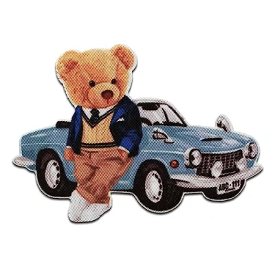 Imagen de Mono Quick Oso con coche animal Parches Termoadhesivos Bordados Aplique Para Ropa, Tamaño: 6 x 8,5 cm