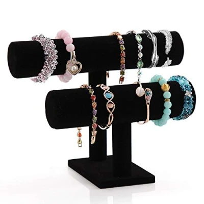 Imagen de powerking Soporte de joyería Terciopelo Puro 2 Niveles con Barra en T, Organizador Joyas para Pulsera, Collar y Reloj, Color Negro