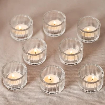 Imagen de YSWOVUO Juego de 12 Mini Portavelas, Portavelas Cristal Transparente, 5cm x 3.5cm Velas Pequeñas, Decoracion para Cenas Románticas Compromisos Bodas Aniversarios