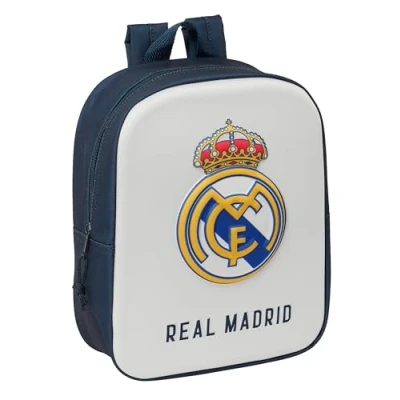 Imagen de REAL MADRID 3D Mochila de Guardería 3D, Adaptable a Carro, Fácil Limpieza, Ideal para Niños Diferentes Edades, Cómoda y Versátil, Calidad Resistencia, 22x10x27 cm, Color Blanco/azul marino