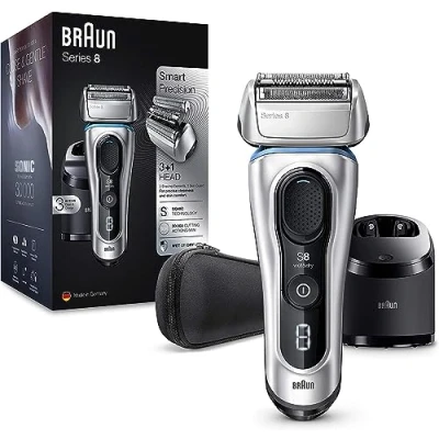 Imagen de Braun Series 8 Afeitadora Eléctrica Hombre, Máquina de Afeitar Barba con Tecnología Sónica y Cabezal 3en1 para Uso en Seco Mojado, Base Carga, Funda, Recargable, Inalámbrica, 8370 CC, Plata