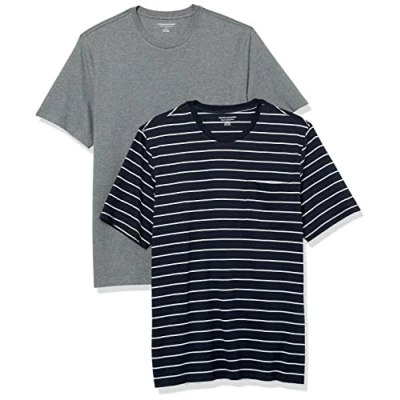 Imagen de Amazon Essentials Camiseta de Manga Corta con Bolsillo, Cuello Redondo y Corte Recto Hombre, Pack 2, Azul Marino Rayas/Gris Mezcla, XS