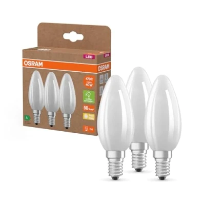 Imagen de OSRAM Lámparas LED de alta eficiencia con clase energética A, paquete 3 bombillas, reemplaza bombillas incandescentes tradicionales 40W, forma vela, blanco cálido, E14