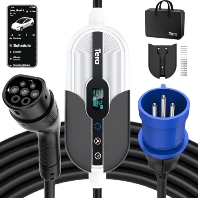 Imagen de Tera Smart EV Cargador portátil 7,6 kW Tipo 2 Solo para Uso en Interiores CE&amp;TüV 16 32A&amp;App WLAN Bluetooth o montado la Pared Cable 7 Metros Enchufe monofásico CEE Blanco