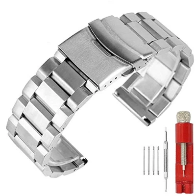 Imagen de Kai Tian correa de reloj pulida acero inoxidable 20mm con cierre desplegable Hebillas dobles Bandas para hombre Plata