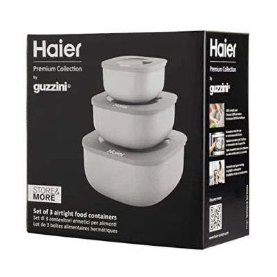Imagen de Tupper Haier HAGSM4080 , Set de 3, Cierre hermético, Válvula para calentar en microondas, Apilable, Gris