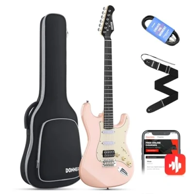 Imagen de Donner Juego de guitarra eléctrica Full Size, pastillas HSS Coil Split, 39 pulgadas Solid Body ST Guitar Beginner Set con bolsa, correa, cable (Designer Series, Retro Pink)