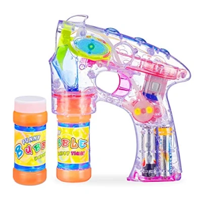 Imagen de Relaxdays Burbujas Pistola Pompas con LED y 2 Botes de Jabón, Plástico, Transparente, 18 x 5 14 cm, Color, 1 Unidad (10024937)