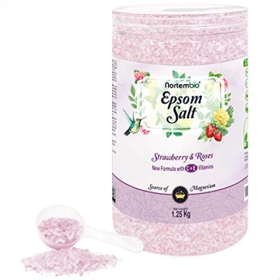 Imagen de Nortembio Sal de Epsom 1,25 Kg. Fragancia Fresa y Rosas. Baño Hidratada con Vitamina C E. Relajación Músculos, Aromaterapia Buen Sueño. E Book Incluido.