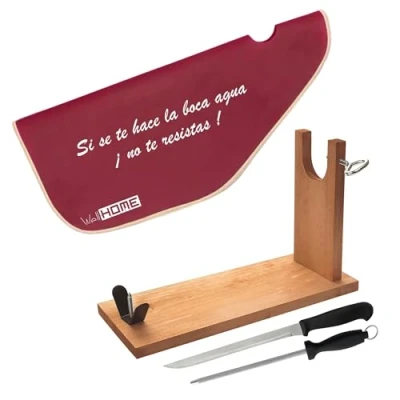 Imagen de Well Home jamonero de Madera con herraje en V + Set Cuchillo (25cm) y Chaira (21cm) Funda para jamón &#039;Tiberic&#039;