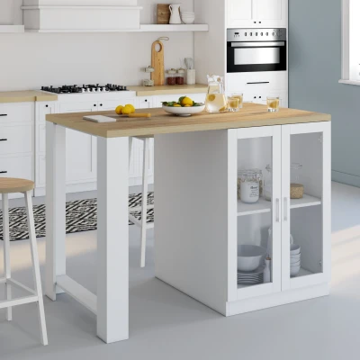 Imagen de Isla central LINO 120 cm para 2 personas en madera blanca con encimera efecto haya y puertas de cristal