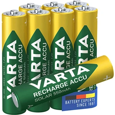 Imagen de VARTA Pilas AAA, recargables, paquete de 8, Recharge Accu Solar, batería recargable, 550 mAh Ni MH, listas para usar, desarrolladas luces solares jardín