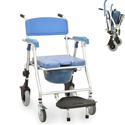 Imagen de Silla de Inodoro con Ruedas, 3 En 1 Wc y Ducha Aluminio Ruedas Interior Reposapiés Plegable, Taburete para Personas Mayores Discapacitados Mujeres Embarazadas