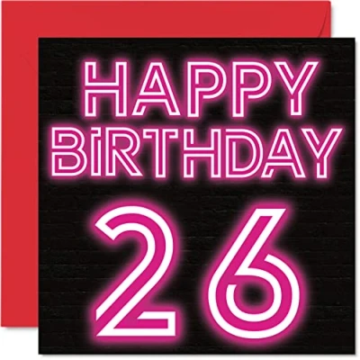 Imagen de Stuff4 Divertidas tarjetas de cumpleaños 26 para hombres y mujeres, brillo neón, tarjeta feliz hijo, hija, hermano, hermana, tío, tía, sobrino, primo, 145 mm x mm,