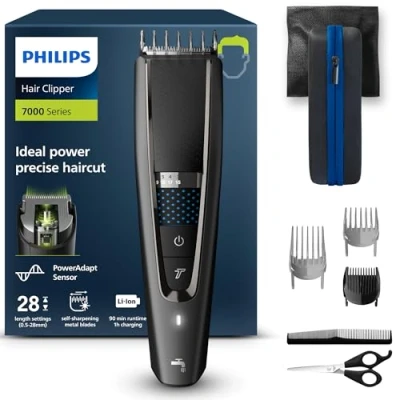 Imagen de Cortapelos Philips S5000 HC7650/15, 28 longitudes, 90 min autonomía, 3 cabezales, 2 para pelo y 1 barba, kit barbero, sensor Poweradapt, Gris