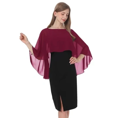 Imagen de Baoqiya Chales y envolturas para mujer vestidos de noche, chal suave gasa dama honor, capa cubrir la boda, Borgoña, Talla única