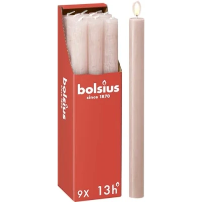 Imagen de Bolsius Velas rústicas Rosa claro 9 unidades 27 x 2,3 cm Duración de combustión 13 horas Sin perfume Cera vegetal natural aceite palma Valentin