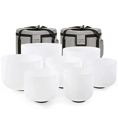 Imagen de CVNC 432HZ Juego de 7 cuencos cristal cuarzo esmerilado (15 cm 30 cm) con 2 bolsas transporte viaje para curación sonido y meditación terapéutica