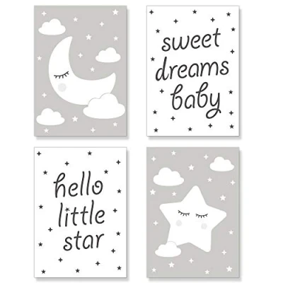 Imagen de PREMYO Cuadros Infantiles para Habitación Niña Niños Láminas Decorativas Enmarcar 4 Póster Luna Estrella Gris A4