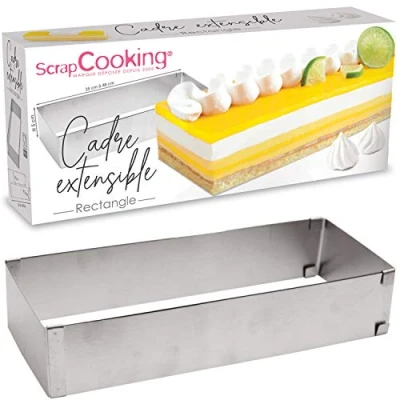 Imagen de ScrapCooking 1916 Marco de repostería Extensible Acero Inoxidable Molde Rectangular Longitud Ajustable 25 a 48 cm para Tartas, postres Accesorio pastelería, Plata