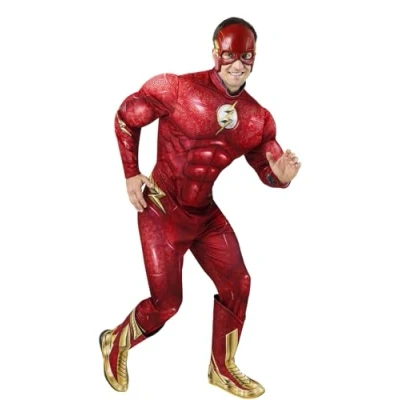 Imagen de Rubies Disfraz The Flash Deluxe para adulto, Jumpsuit con pecho musculoso, cubrebotas y máscara, Oficial DC Comics, Flash, Carnaval, Halloween, Fiestas