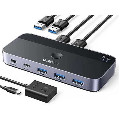 Imagen de UGREEN KVM Switch 2 Entradas y 4 Salidas Conmutador USB 3.0 con Cable para Compartir Dispositivos de Teclado, Ratón, Memorias USB, Disco Duro, Impresoras, Escáneres, etc