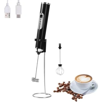 Imagen de HYTTER Espumador de leche eléctrico portátil con 2 cabezas, batidor espuma USB recargable 3 velocidades, mezclador para latte, capuchino, chocolate caliente (Negro soporte)