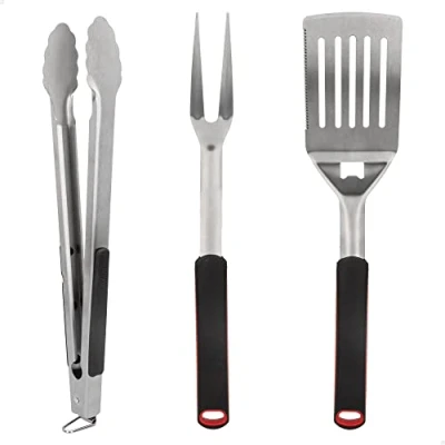 Imagen de AKTIVE 63009 Kit Accesorios para Barbacoa 3 Piezas, Pinzas Barbacoa, Espátula y Tenedor trinchador, Juego de Utensilios barbacoas, Herramientas Parrilla