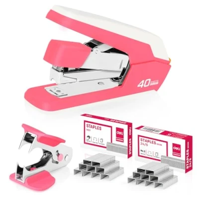 Imagen de DELI grapadora de escritorio sin esfuerzo, resistente, capacidad 40 50 hojas, un dedo, incluye grapas y removedor grapas, rojo rosa