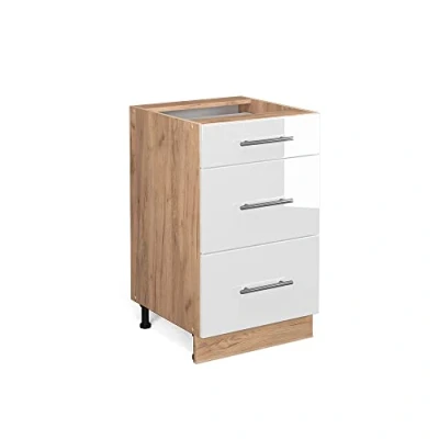 Imagen de Vicco Mueble bajo de Cocina Fame Line, Blanco Alto Brillo/Roble Dorado, 50 cm sin encimera