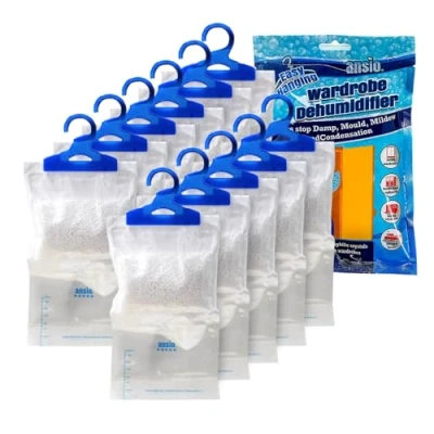 Imagen de ANSIO Paquete de 12 bolsas colgantes para deshumidificadores armario, absorber la humedad, condensación, moho, dormitorio, caravana, baño, sótano, oficina, 210