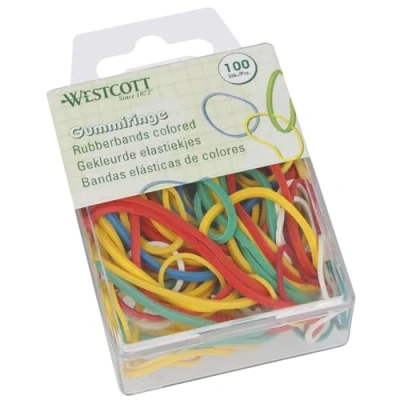 Imagen de Westcott bandas de goma 100 piezas Anillos coloridos en varios tamaños un práctico recipiente plástico Paquete almacenamiento domésticas Ø 20 mm 70