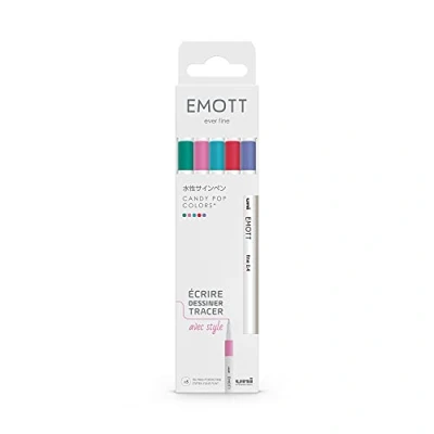 Imagen de Uni ball Emott Mitsubishi Pencil Candy Pop Colors Paquete de 5 rotuladores, para escribir, dibujar y trazar con estilo, punta fina, 0,4 mm, Ultramorado, rosa claro, coral, azul verde