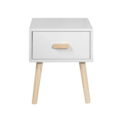 Imagen de Rebecca Mobili Mesita de Noche para Habitación Infantil, Blanco Marrón, MDF Pino, con 1 Cajón, Estilo Escandinavo Medidas AxAnxFon: 44 x 35 cm Art. RE6977
