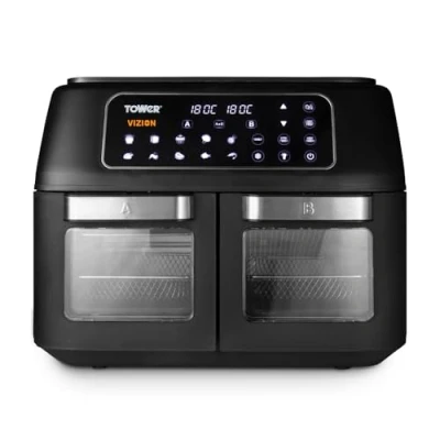 Imagen de Tower T17102 Freidora de Aire Doble Compartimento Sin Aceite con Tecnología Vortx, Panel Táctil Digital y Ventana Vizion Air Fryer Doble, 11 L Negro