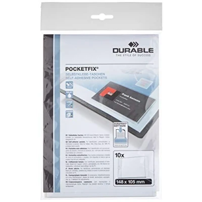 Imagen de Durable 807619 Funda autoadhesiva Pocketfix, 148 x 105 mm (dimensiones interiores), paquete de 10, transparente, DIN A6