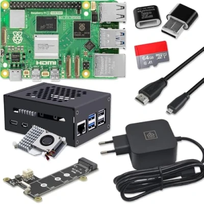 Imagen de Raspberry Pi 5 16 GB PCIe M.2 NVMe Kit Carcasa de metal Active Cooler SSD Board Fuente alimentación USB C 45 W Tarjeta SD 64 Cable Micro HDMI 4K (16 RAM)