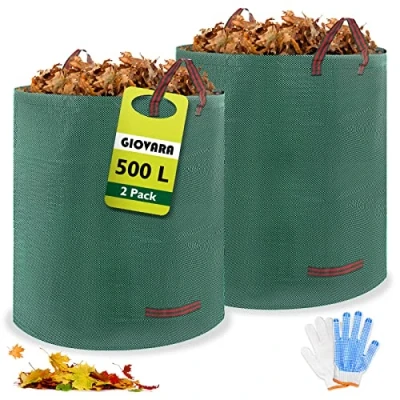 Imagen de 2 bolsas de basura jardín 500 L, impermeables, resistentes, grandes, con asas, plegables y reutilizables