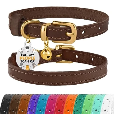 Imagen de BRONZEDOG Collar de cuero para gato con campanas, etiqueta QR gatito no separable niña y niño (marrón oscuro dorado, 23 28 cm)