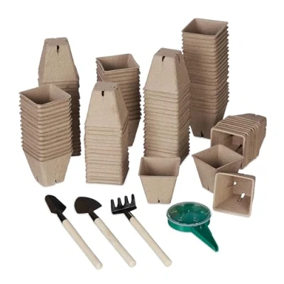 Imagen de Relaxdays Set 120 Semilleros, Incluye Herramientas, Biodegradables, Macetas de Cultivo, 5,5 x 6 cm Aprox, Marrón, Papel