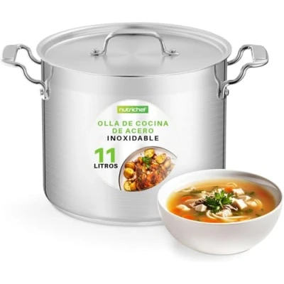 Imagen de NutriChef Olla de acero inoxidable 12 cuartos grande 18/8 para guisos, sopa, incluye tapa, apta lavavajillas, funciona con gas, inducción, cerámica y halógenas.
