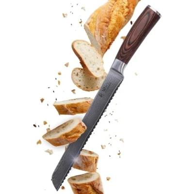 Imagen de WAKOLI Edib cuchillo para pan de damasco con hoja dentada I afilada 23 cm acero 67 capas núcleo VG10 y mango madera pakka cocina profesional,