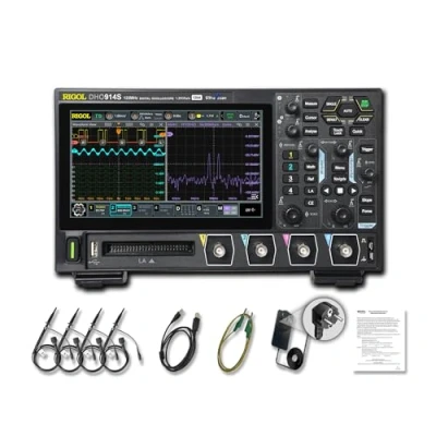 Imagen de RIGOL DHO914S Osciloscopio digital portátil, 125MHz,12bit,4 canales analógicos, 16 digitales,compatible con el análisis del diagrama de Bode, generador señal integrado 25 MHz.