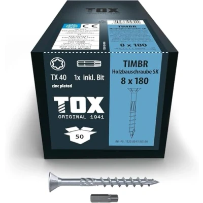 Imagen de TOX tornillos para construcción de madera TIMBR SK 8,0 x 180 mm, azul galvanizado con cabeza avellanada, TX40, 50 piezas por caja, incl. 1x broca, 1120404180180