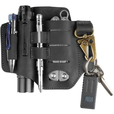 Imagen de VIPERADE PJ16 Funda de Cuero EDC Organizador Multiherramienta Hademade 3 Bolsillos Portador Herramienta cinturón Bolsa con Llavero para Linterna Cuchillo táctico bolígrafo Negro