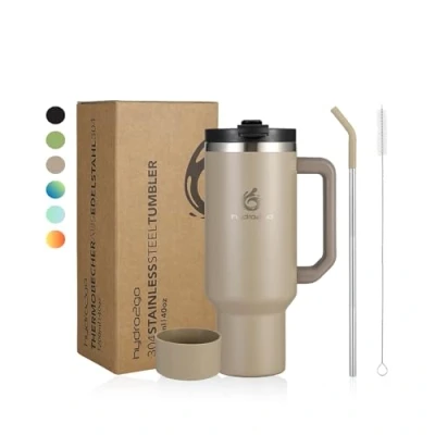 Imagen de Hydro2go® Taza Térmica con Pajita Caliente 10 horas, fría 12 horas Apta para lavavajillas, sin BPA de viaje bebidas calientes y frías (Greige, 1200 ml)