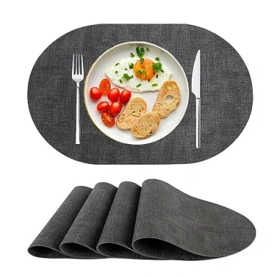 Imagen de Manteles Individuales de Piel Sintética, Lavables, Resistentes al Calor, Antideslizantes, Tapetes Mesa Juego 4,para Comedor, Cocina, Navidad Negro