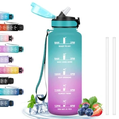 Imagen de Botella 1.5 Litros, Agua con Pajita, Deporte a Prueba de Fugas, Reutilizable Eslogan Motivacional, Gimnasio, Cantimplora para Correr, Ciclismo, Senderismo