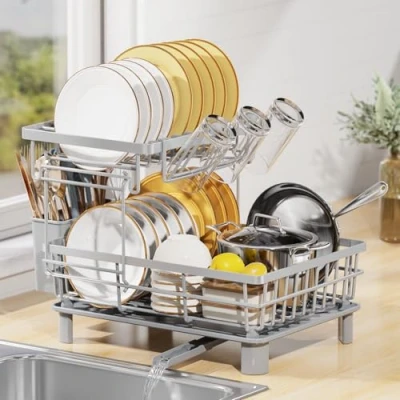 Imagen de LIONONLY Escurridor de Platos,2 Niveles Estante Secado Platos con Bandejas Goteo, Soporte Cubiertos,Estante Tazas und Puerta Boquilla Giratoria,Escurreplatos sobre Fregadero